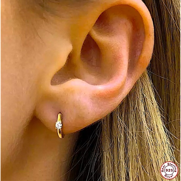 Gold Diamond Huggie Hoop Cubic Zircon Minimalist Earrings - Picture 1 of 10